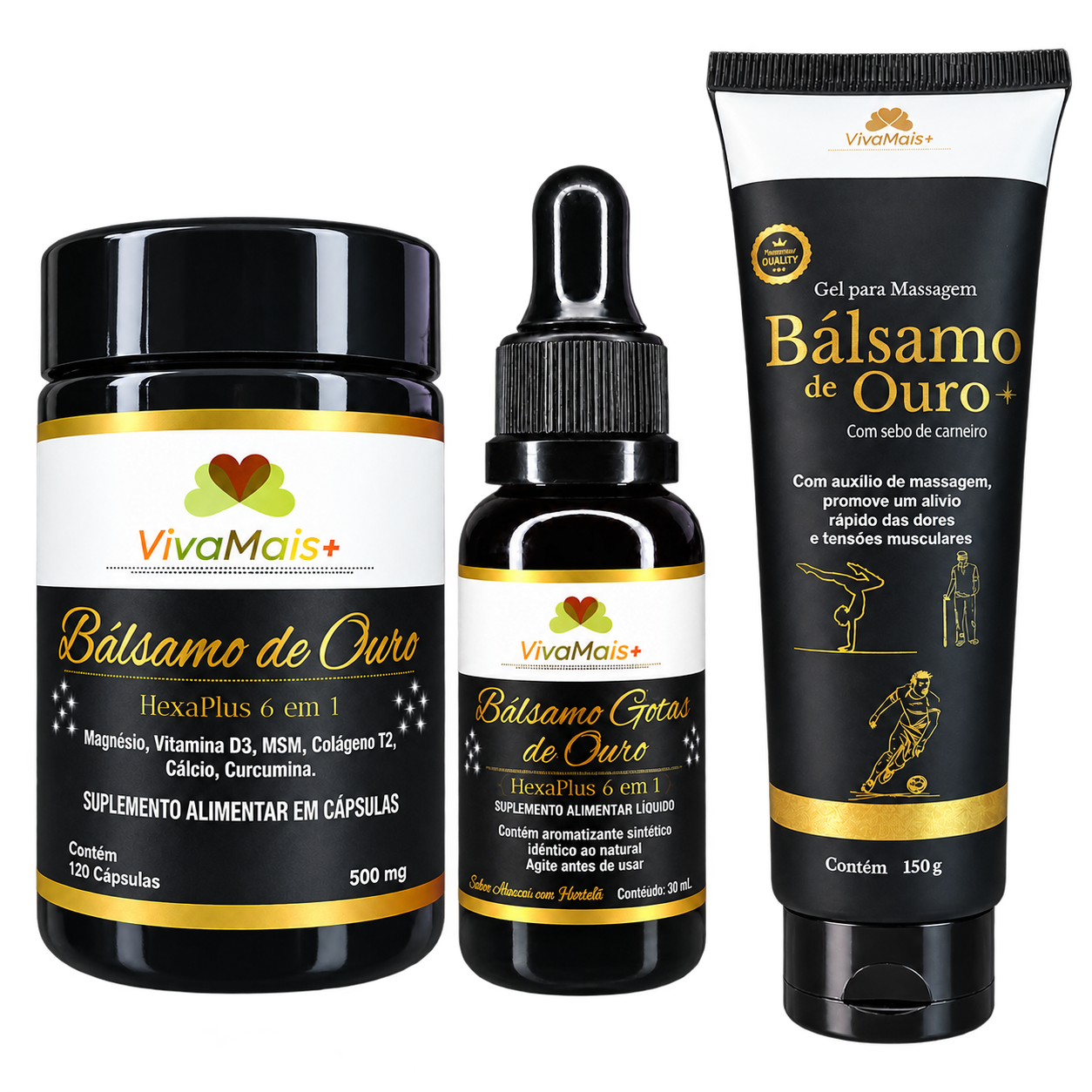 Linha Bálsamo de Ouro VivaMais+: suplemento alimentar em cápsulas, suplemento em gotas e gel para massagem corporal