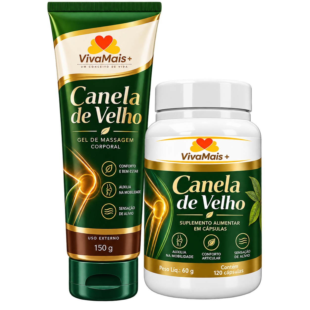 Canela de Velho VivaMais+: gel de massagem corporal em bisnaga verde e suplemento alimentar em cápsulas em pote branco